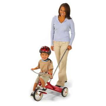 Radio Flyer 34TX Kids Beginner Classic Steel Framed 10 Inch Front Wheel Adjustable Seat Tricycle with 3 Position Push Handle, Red