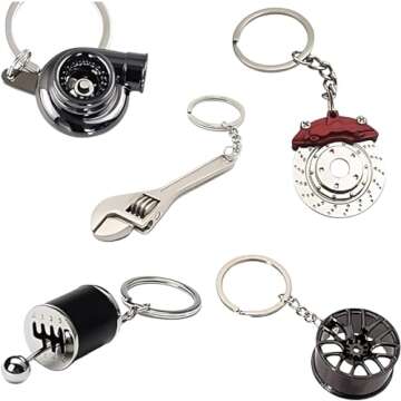 5pc Car Lovers Key Chain Set - Manual Gear Shifter | Wheel Rim | Spanner | Turbo | Brake Disc keychain | Automotive Accessories | Auto Vehicle Enthusiast Gift Set | Car Truck Bike | Car Parts Keyring