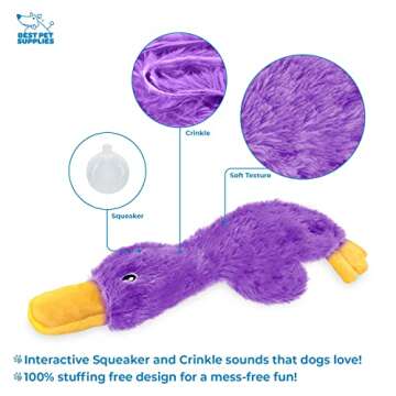 Best Pet Supplies Crinkle Dog Toy for Small, Medium, and Large Breeds, Cute No Stuffing Duck with Soft Squeaker, Fun for Indoor Puppies and Senior Pups, Plush No Mess Chew and Play - Light Purple