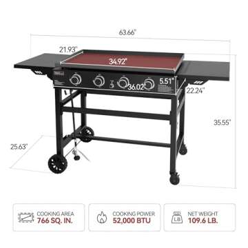 Royal Gourmet GB4001B 4-Burner Propane Gas Griddle with Foldable Side Tables, 35-Inch Outdoor Flat top Grill with 52,000 BTUs Output for Barbecue Grilling, Black