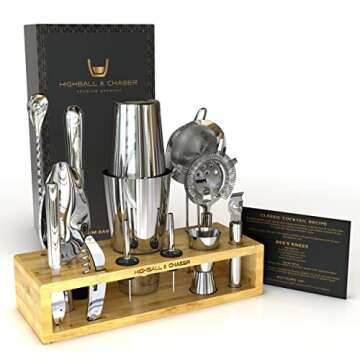 Highball & Chaser 13-Piece Boston Cocktail Shaker Set Stainless Steel Mixology Bartender Kit With Stand For Home Bar Cocktail Set | Laser Engraved Cocktail Tools | Plus E-Book with 30 Cocktail Recipes