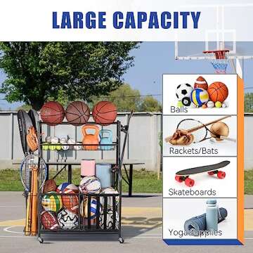 Mythinglogic Garage Sports Equipment Organizer, Ball Storage Garage Large Capacity, Sports Organizer for Garage with Hooks and Baskets, Ball Organizer for Garage for Football, Soccer Ball, Bat, Toys