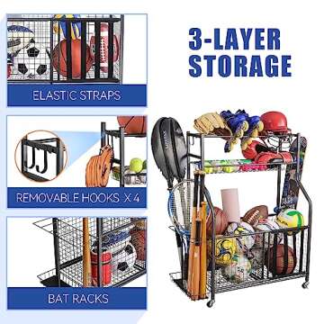 Mythinglogic Garage Sports Equipment Organizer, Ball Storage Garage Large Capacity, Sports Organizer for Garage with Hooks and Baskets, Ball Organizer for Garage for Football, Soccer Ball, Bat, Toys