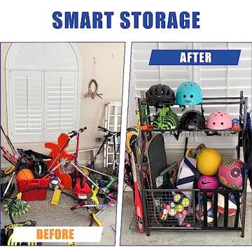 Mythinglogic Garage Sports Equipment Organizer, Ball Storage Garage Large Capacity, Sports Organizer for Garage with Hooks and Baskets, Ball Organizer for Garage for Football, Soccer Ball, Bat, Toys