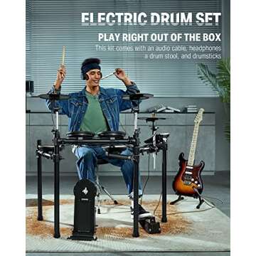 Donner DED-100 Electric Drum Set, Electric Drum for Beginner/Intermediate with Dual Zone Quiet Mesh Drum Pads, Mesh Kick Drum, 30+ Kits and 425 Sounds, Throne, Headphones, Sticks, Melodics Lessons