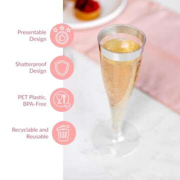 Prestee 24 Plastic Champagne Flutes Disposable - Silver Glitter Plastic Champagne Glasses, Elegant Plastic Toasting Cups for Weddings, Cocktail Parties, New Year's Celebrations