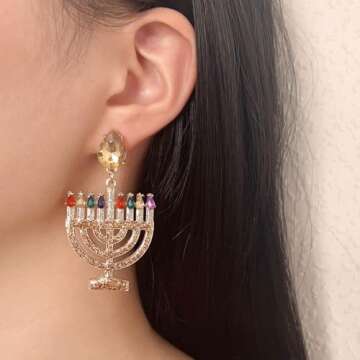 Hanukkah Menorah Dangle Earrings for Women Rhinestone Beaded Jewish Star of David Menorah Candle Earrings Christmas Hanukkah Chanukah Holiday Jewelry Gifts-B