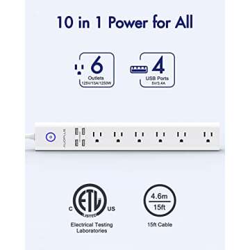 15 Ft Power Strip Surge Protector, 6 Outlets and 4 USB Ports, Flat Plug Power Strips Long Extension Cord with Overload Protection, Wall Mount for Home, Office, Dorm, ETL Listed White