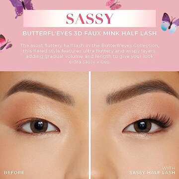 Lilly Lashes Butterfl'eyes Faux Mink Lashes, Half Lashes Natural Look & Feel, False Eyelashes, Reusable Eyelashes 20x, No Trimming + Easy to Apply, Round Style, Lash Glue not Included 13mm (Sassy)