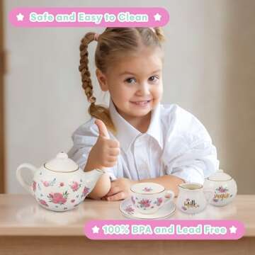 Porcelain Tea Set for Girls - Pink Ceramic Tea Cups with Pink Box - Tea Glass Toy for Kids Tea Party - Ideal Gift for Toddlers and Children's Ages 3 Years Old - Floral Design, 13 Pieces