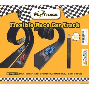 Toy Car Track Set, Flexible Track, with Pressure Suction Cup, 2 Small racecars, Zipup Storage Bag, Highly Flexible Two-Lane Racetrack. Slot Car Race Tracks Set, DOUBLESIDED 5+ Meters Long