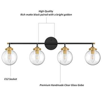 Ralbay Rustic Industrial Wall Light Fixture 4-Light Clear Glass Vintage Bathroom Vanity Lights Over Mirror, Black/Golden Modern Vanity Light for Bathroom (Exclude Bulb)