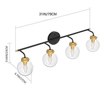 Ralbay Rustic Industrial Wall Light Fixture 4-Light Clear Glass Vintage Bathroom Vanity Lights Over Mirror, Black/Golden Modern Vanity Light for Bathroom (Exclude Bulb)