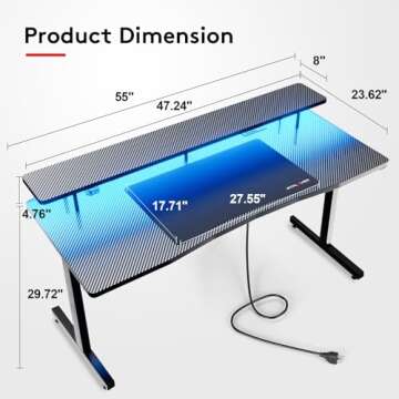 GTRACING 55 Inch Gaming Desk, Computer Gamer Desk with Monitor Stand, Ergonomic Carbon Fiber Surface Gaming Table with Power Outlet and Mouse Pad for Home Office, RGB