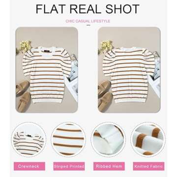 Dokotoo Brown Striped Tops for Women Fashion 2025 Trendy Cute Crewneck Summer Blouses Puff Short Sleeve Loose T Shirts Dressy Casual Knit Tops Slim Fit Spring Outfits Clothes Large