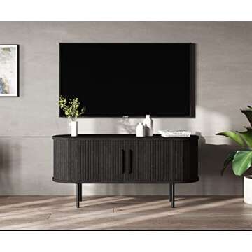 Unique Furniture Mid-Century Modern Round Sliding Door 47-inch TV Lowboard with Adjustable Shelves, 3 Internal Storage Compartments for ‎Living Room, ‎15.75 x 47.25 x 22 in., Black Oak