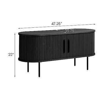 Unique Furniture Mid-Century Modern Round Sliding Door 47-inch TV Lowboard with Adjustable Shelves, 3 Internal Storage Compartments for ‎Living Room, ‎15.75 x 47.25 x 22 in., Black Oak