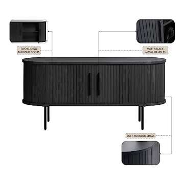 Unique Furniture Mid-Century Modern Round Sliding Door 47-inch TV Lowboard with Adjustable Shelves, 3 Internal Storage Compartments for ‎Living Room, ‎15.75 x 47.25 x 22 in., Black Oak