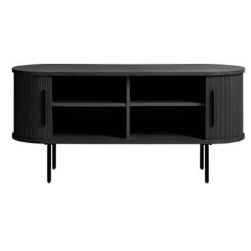 Unique Furniture Mid-Century Modern Round Sliding Door 47-inch TV Lowboard with Adjustable Shelves, 3 Internal Storage Compartments for ‎Living Room, ‎15.75 x 47.25 x 22 in., Black Oak