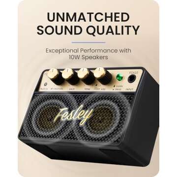 Fesley Mini Guitar Amp: 10W Portable Recharged Guitar Amplifier, Bluetooth Electric Guitar Amp with Clean and Drive Channels, Mini Amp for Practice with 3.5mm Headphone Output, FGA10