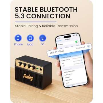 Fesley Mini Guitar Amp: 10W Portable Recharged Guitar Amplifier, Bluetooth Electric Guitar Amp with Clean and Drive Channels, Mini Amp for Practice with 3.5mm Headphone Output, FGA10