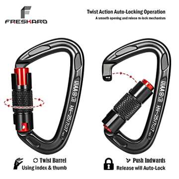 FresKaro 25kn Climbing Carabiners Double Locking Carabiner Clips, Heavy Duty for Rock Climbing, Rappelling, Hunting, or Survival Gear kit, Gym Equipment, Cerfified UIAA Carabiner Black