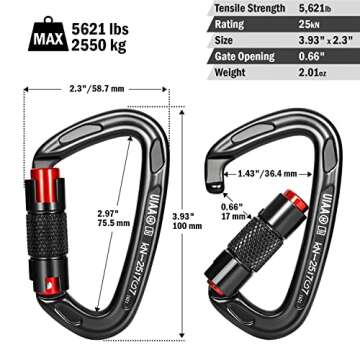 FresKaro 25kn Climbing Carabiners Double Locking Carabiner Clips, Heavy Duty for Rock Climbing, Rappelling, Hunting, or Survival Gear kit, Gym Equipment, Cerfified UIAA Carabiner Black