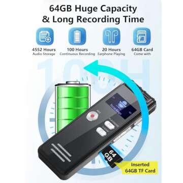 64GB Digital Voice Activated Recorder with Playback - 4552 Hours Audio Recording Device, 3072Kpbs HD Dual MIC Tape Recorder Device for Lecture A-B Repeat, MP3 Player, Password,【64GB TF Card Included】