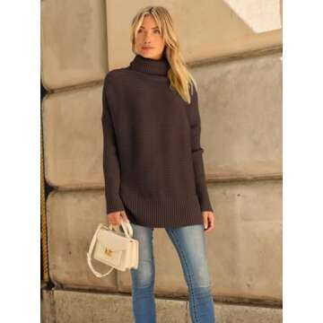 LILLUSORY Womens Turtleneck Oversized Tunic Fall Sweaters 2024 Trendy Casual Long Pullover Knit Winter Casual Cute Poncho Fashion Trendy Clothes Outfits Clothing Tops Brown