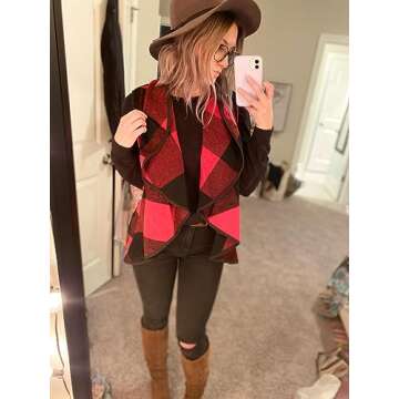 Unidear Red Christmas Sweater Vest Women Buffalo Plaid Vest Sleeveless Cardigan Jacket Coat with Pockets 23 Red S