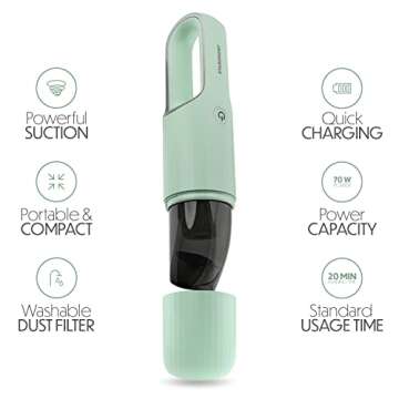 STARUMENT Vacuum Cleaner for Dust, Pet Hair Dirt Home, Car Interior Lightweight, Portable, Handheld, Cordless, Easy to Use, Compact Design Battery Rechargeable with USB-C Cable (Mint Green)