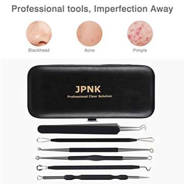 JPNK Blackhead Remover Tool Comedones Extractor Acne Removal Kit for Blemish, Whitehead Popping, 6 Pcs Zit Removing for Nose Face Tools with a Leather Bag (Black)