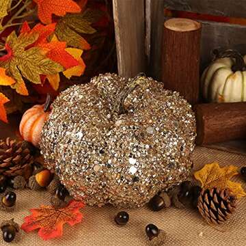 DomeStar Artificial Glitter Pumpkin, Gold Pumpkin Faux Pumpkin Harvest Pumpkin Fall Table Centerpieces Farmhouse Pumpkins for Halloween Thanksgiving Decorations