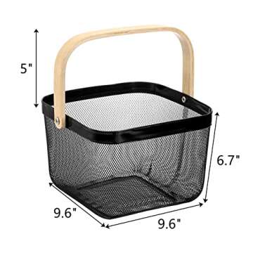 ZEAYEA Mesh Steel Fruit Basket Bin with Handle, Multi-functional Hanging Storage Organizer Garden Harvest Basket, Metal Wire Kitchen Basket for Cabinet, Pantry, Bathroom, Picnic, Home Decor, Black