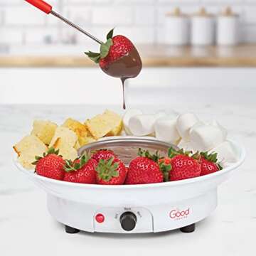 Electric Fondue Maker Deluxe Set w 4 Forks, Removable Serving Tray & Chocolate Melting/Warming Setting- Dip Snacks Marshmallows, Strawberries- Party Appetizers & Desserts- Valentines Day Gift for Her!