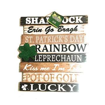 St Patrick Happy Day Shamrock Hanging Wall Plaque Sign with Words Lucky, Kiss Me I'm Irish, Erin Go Bragh, Pot of Gold Home