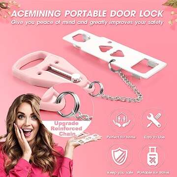 AceMining Portable Door Lock Home Security Door Locker Travel Lockdown Locks for Additional Safety and Privacy Perfect for Traveling Hotel Home Apartment College-Pink(1 Pack)