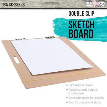 U.S. Art Supply 23" x 26" Artist Sketch Tote Board - Lightweight, Durable Tempered Hardboard with Handle, Metal Clip, Rubber Band for Sketching, Drawing, Painting - Perfect for Travel & Studio Use