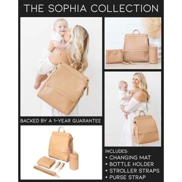 MIA + SOPHIA Leather Diaper Bag Backpack with Changing Pad, Stroller Straps, Bottle Holder (Brown Sophia)