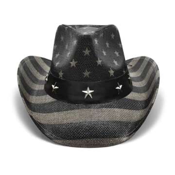 FLUFFY SENSE. Vintage USA American Flag Cowboy Hat Classic Tea Stained Patriotic Western Cowboy Cowgirl Hat with Shapable Brim, Vintage Black and White