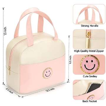 POETIC WREATH Lunch Bag for Women Large Insulated Lunch Box Reusable Lunch Tote with Preppy Soft Leather Bag for Work School Picnic Travel (White&Pink)