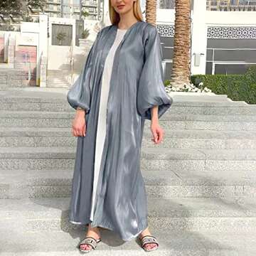 Women Long Sleeve Silk Muslim Dresses Abaya Open Front Cardigan Maxi Dress Dubai Kaftan Islamic Dress Middle East Arabian Robe Ethnic Style Casual Loose Eid Prayer Dress Self Tie Belted Dress Gray M