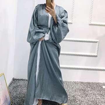 Women Long Sleeve Silk Muslim Dresses Abaya Open Front Cardigan Maxi Dress Dubai Kaftan Islamic Dress Middle East Arabian Robe Ethnic Style Casual Loose Eid Prayer Dress Self Tie Belted Dress Gray M