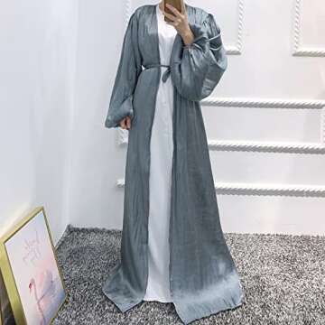 Women Long Sleeve Silk Muslim Dresses Abaya Open Front Cardigan Maxi Dress Dubai Kaftan Islamic Dress Middle East Arabian Robe Ethnic Style Casual Loose Eid Prayer Dress Self Tie Belted Dress Gray M