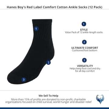 Hanes Boys Durable Ankle Athletic Socks - Black