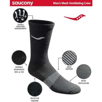 Saucony Men's RunDry Mesh Ventilating Comfort Fit Performance Crew Socks - 6 Pairs