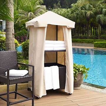 Crosley Furniture Palm Harbor Wicker Towel Valet Caddy, Covered Rolling Outdoor Storage for Pool and Hot Tub, Brown