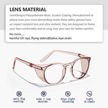 LeonDesigns Stylish Round Safety Glasses Anti-Fog Women | Fashion Eye Protection Blue Light Blocking Glasses with Side Shields | Lab Clear Protection Goggles (Coffee)