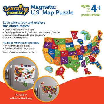 Learning Resources Magnetic US Map Puzzle - 44 Pieces, Puzzles for Kids Ages 4+, US Map for Kids Learning, Geography for Kids,Kindergartner Learning Toys