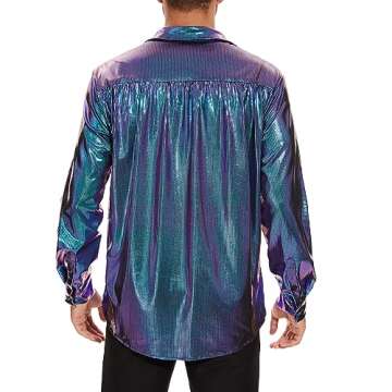 Mens Disco Shirt Outfit Retro 70s Shirts for Men 80s Sequin Glitter Long Sleeve Button Down 70s Disco Outfits for Men Metallic Disco Costume Party Nightclub Halloween Prom Bule & Purple Shirt Large